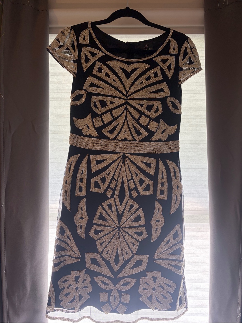 Adrianna Papell Black Dress with Gold Beaded Geometric Pattern